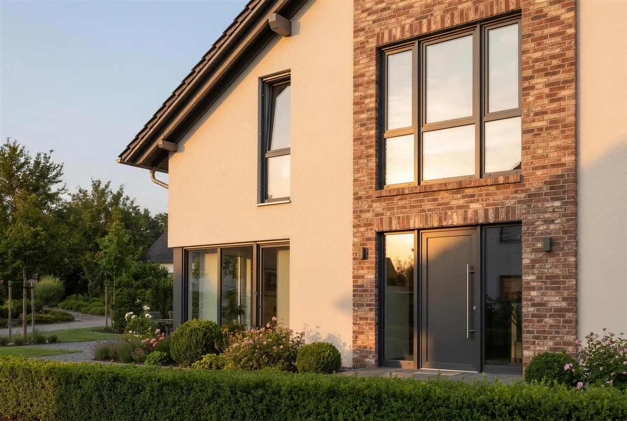 Hausfassade mit modernen anthrazitfarbenen Fenstern und Haustür