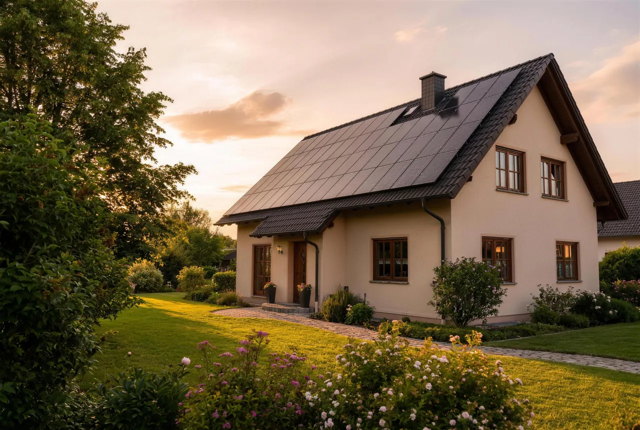 Einfamilienhaus mit Photovoltaikanlage auf dem Dach im Abendlicht